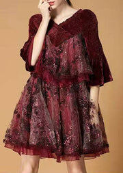 Plus Size Mulberry Sequins Tulle Embroideried Velour Mini Dress Winter