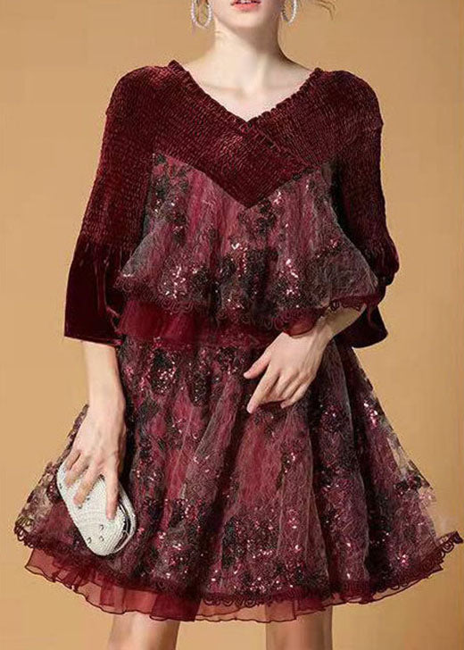 Plus Size Mulberry Sequins Tulle Embroideried Velour Mini Dress Winter