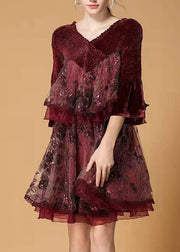 Plus Size Mulberry Sequins Tulle Embroideried Velour Mini Dress Winter