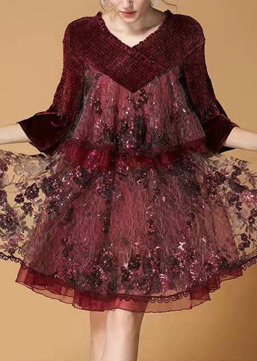 Plus Size Mulberry Sequins Tulle Embroideried Velour Mini Dress Winter