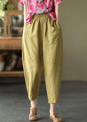 Plus Size Mustard Yellow Elastic Waist Pockets Linen Harem Pants Summer