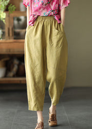 Plus Size Mustard Yellow Elastic Waist Pockets Linen Harem Pants Summer