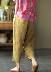 Plus Size Mustard Yellow Elastic Waist Pockets Linen Harem Pants Summer