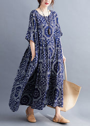 Plus Size Navy O-Neck Print Cotton Long Dress Short Sleeve