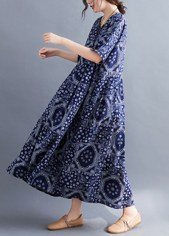 Plus Size Navy O-Neck Print Cotton Long Dress Short Sleeve