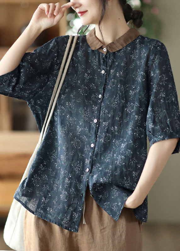 Plus Size Navy Peter Pan Collar Print Linen Shirts Half Sleeve