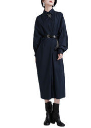 Plus Size Navy Peter Pan CollarButtonasymmetrical design Fall Ankle Dress Long sleeve