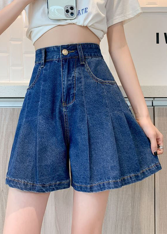 Plus Size Navy Pockets Denim Cotton Loose Pleated Shorts Summer