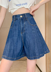 Plus Size Navy Pockets Denim Cotton Loose Pleated Shorts Summer