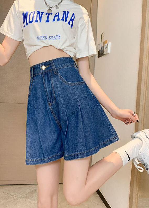 Plus Size Navy Pockets Denim Cotton Loose Pleated Shorts Summer