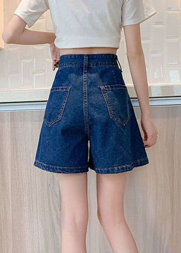 Plus Size Navy Taschen Denim Cotton Loose Plissee Shorts Summer