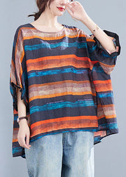 Plus Size Orange Bat wing Sleeve O-Neck asymmetrical design Fall Striped Top