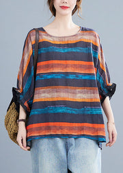 Plus Size Orange Bat wing Sleeve O-Neck asymmetrical design Fall Striped Top