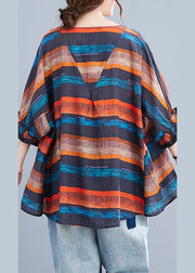 Plus Size Orange Bat wing Sleeve O-Neck asymmetrical design Fall Striped Top