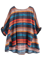 Plus Size Orange Bat wing Sleeve O-Neck asymmetrical design Fall Striped Top