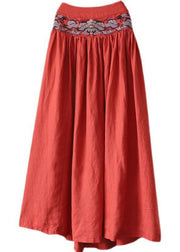 Plus Size Orange Cinched Embroideried Linen Skirt Spring