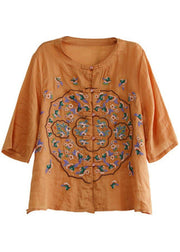 Plus Size Orange Embroideried Oriental Ramie Top Summer - SooLinen