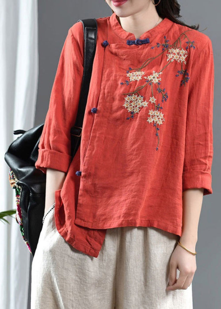 Plus Size Orange O-Neck Asymmetrical Design Button Embroideried Linen Top Long Sleeve