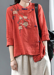 Plus Size Orange O-Neck Asymmetrical Design Button Embroideried Linen Top Long Sleeve