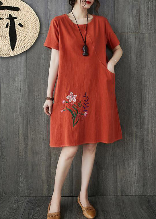 Plus Size Orange O-Neck Embroideried pocket Linen Dresses Short Sleeve