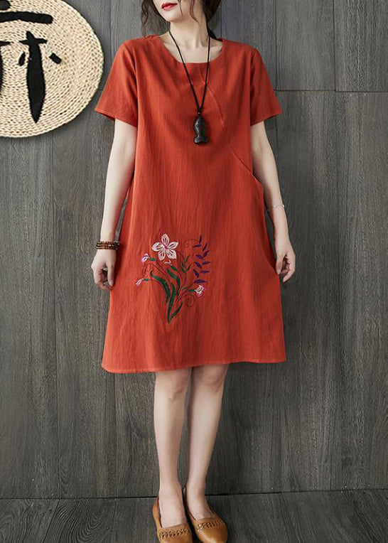 Plus Size Orange O-Neck Embroideried pocket Linen Dresses Short Sleeve