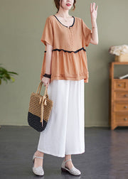 Plus Size Orange O-Neck Patchwork Linen Tops And Wide Leg Pants Two Pieces Set Summer