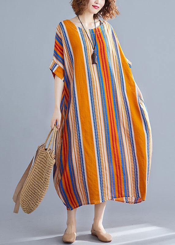 Plus Size Orange O-Neck Striped Summer Cotton Maxi Dresses - SooLinen