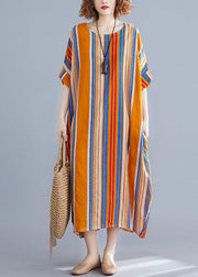 Plus Size Orange O-Neck Striped Summer Cotton Maxi Dresses - SooLinen