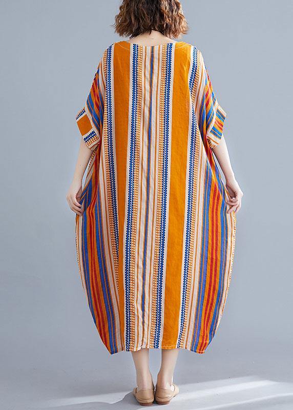 Plus Size Orange O-Neck Striped Summer Cotton Maxi Dresses - SooLinen