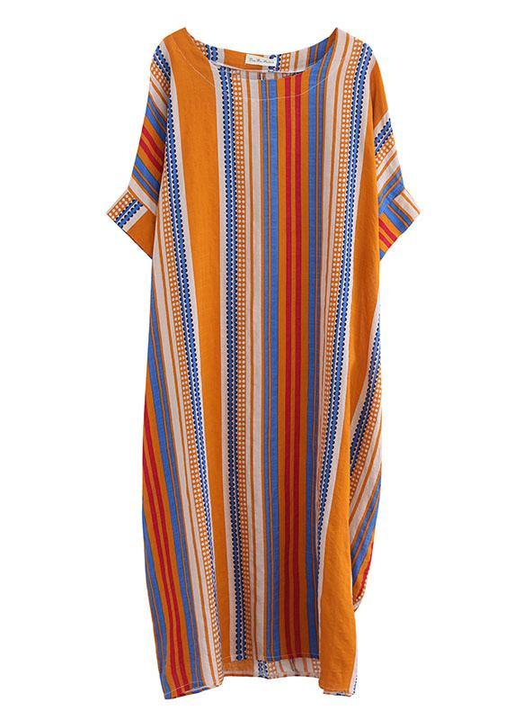 Plus Size Orange O-Neck Striped Summer Cotton Maxi Dresses - SooLinen