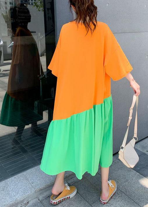 Plus Size Orange Patchwork Green Loose Graphic Summer Half Sleeve Long Dress - SooLinen