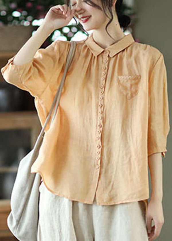 Plus Size Orange Peter Pan Collar Pockets Linen Shirt Tops Half Sleeve