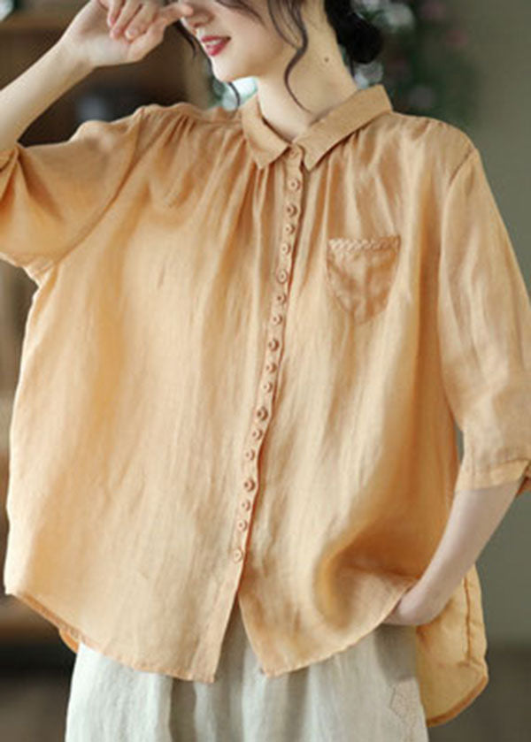 Plus Size Orange Peter Pan Collar Pockets Linen Shirt Tops Half Sleeve