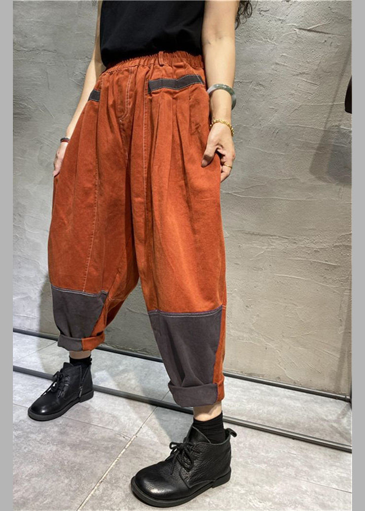 Plus Size Orange Pockets Cotton Pants Spring