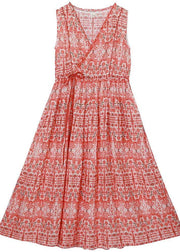 Plus Size Orange Print Cinched Ruffled Summer Linen Dress - SooLinen