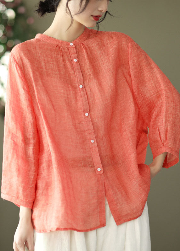 Plus Size Orange Stand Collar Linen Blouse Top Bracelet Sleeve