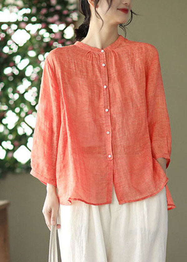 Plus Size Orange Stand Collar Linen Blouse Top Bracelet Sleeve