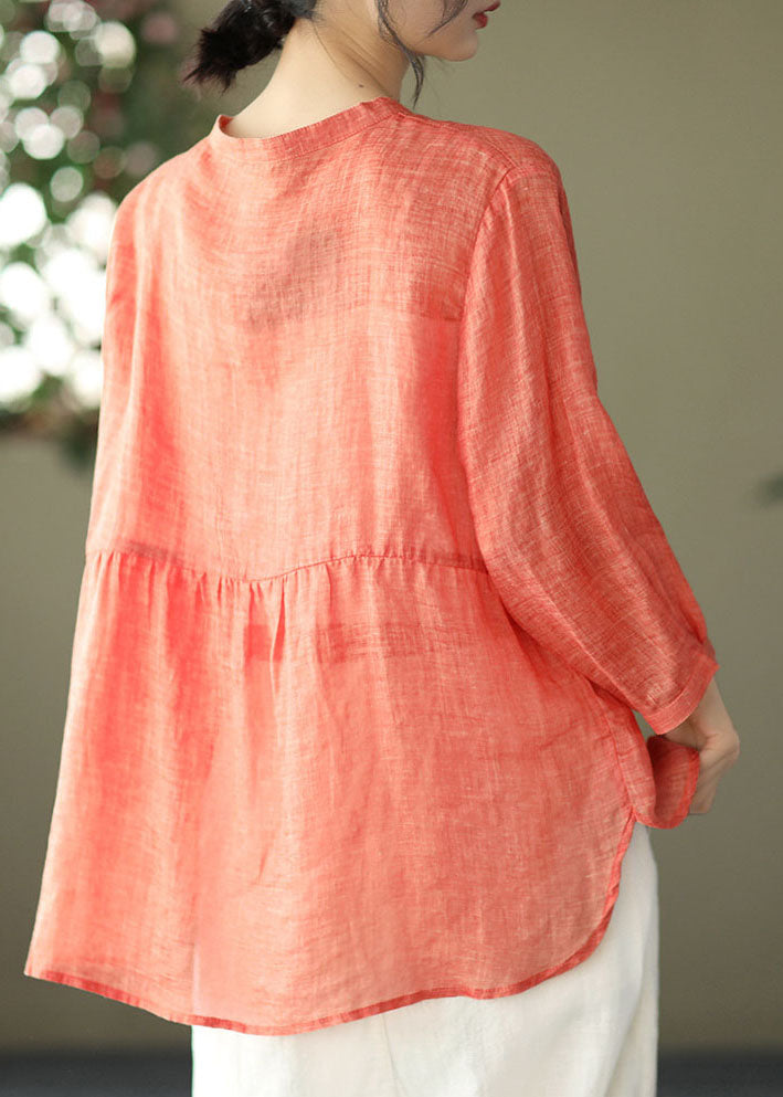 Plus Size Orange Stand Collar Linen Blouse Top Bracelet Sleeve