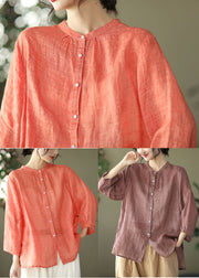 Plus Size Orange Stand Collar Linen Blouse Top Bracelet Sleeve