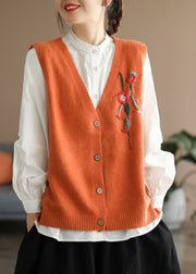 Plus Size Orange V Neck Embroideried Knit vest Spring