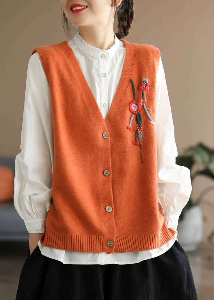 Plus Size Orange V Neck Embroideried Knit vest Spring