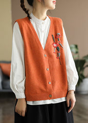 Plus Size Orange V Neck Embroideried Knit vest Spring