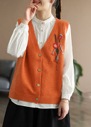 Plus Size Orange V Neck Embroideried Knit vest Spring