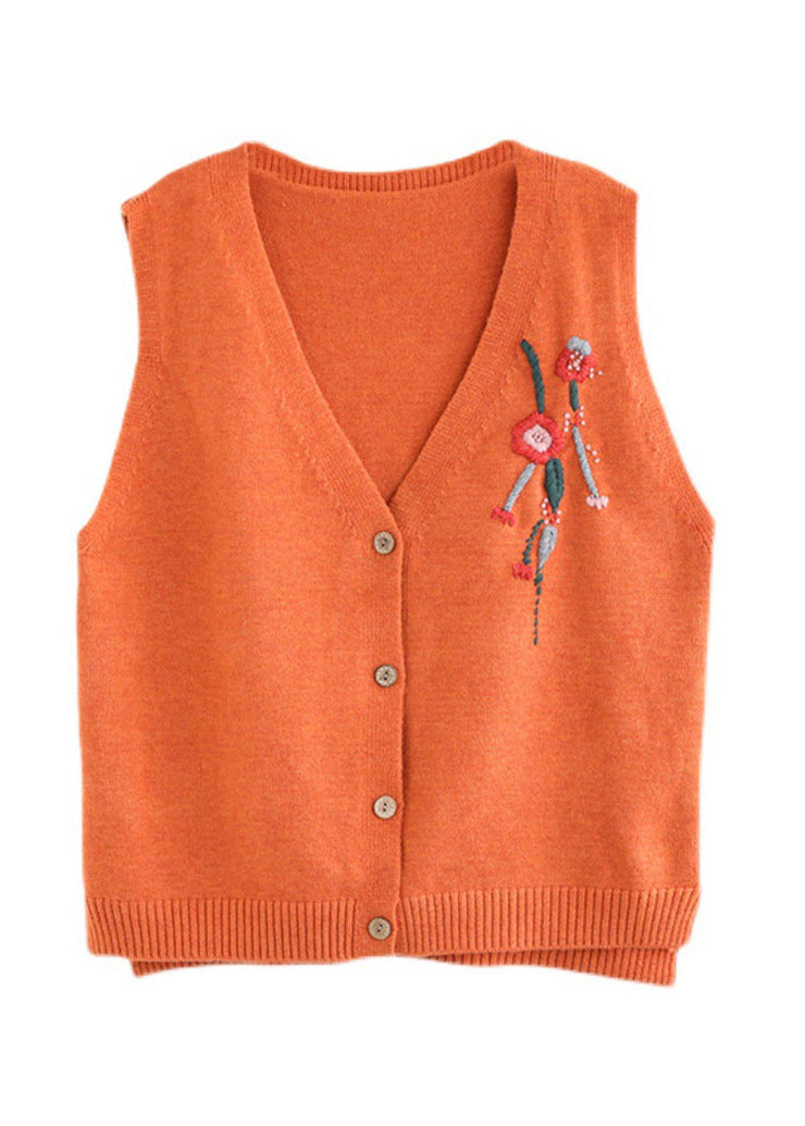 Plus Size Orange V Neck Embroideried Knit vest Spring