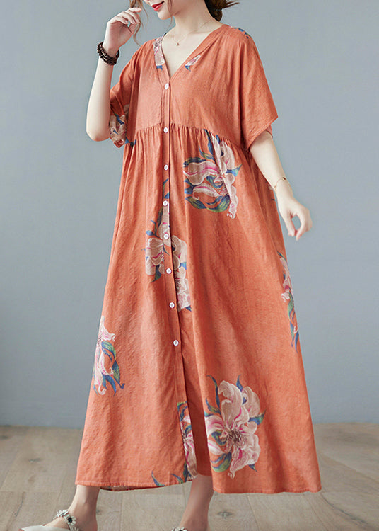 Plus Size Orange V Neck Maxi Dress Short Sleeve