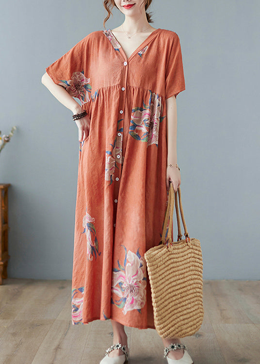 Plus Size Orange V Neck Maxi Dress Short Sleeve