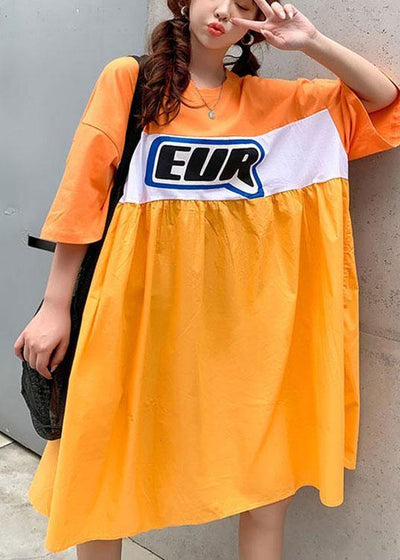 Plus Size Orange White Patchwork Yellow O-Neck Summer Graphic Half Sleeve Long Dresses - SooLinen