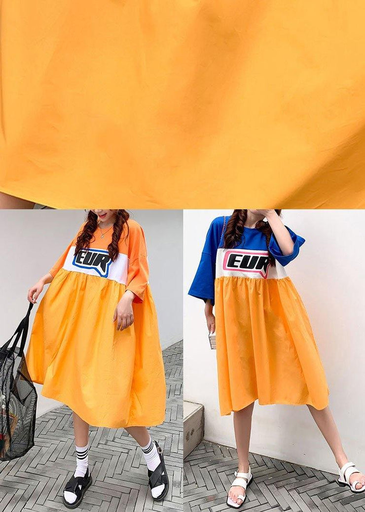 Plus Size Orange White Patchwork Yellow O-Neck Summer Graphic Half Sleeve Long Dresses - SooLinen