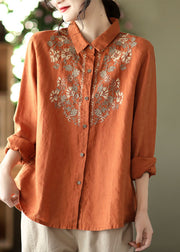 Plus Size Orange button Peter Pan Collar Embroideried Linen Blouses Spring