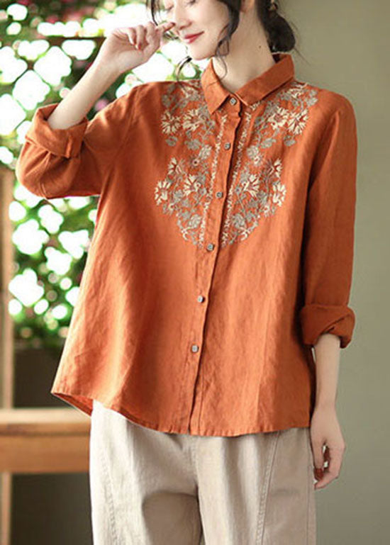 Plus Size Orange button Peter Pan Collar Embroideried Linen Blouses Spring